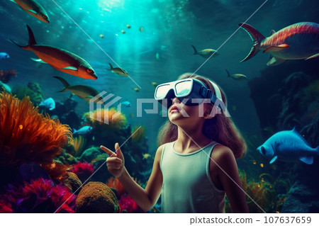 Child using VR headset in underwater video game, kid in metaverse 107637659