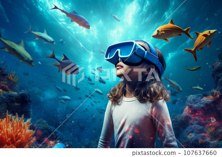 Kid little girl watches underwater life using VR headset in video game Kid little girl watches underwater life using VR headset in video game 107637660