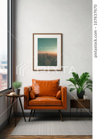Frame mockup poster on white wall near window, home interior design 107637670