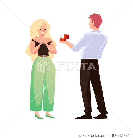 Wedding marriage proposal with male and female characters, flat vector isolated. 107637755