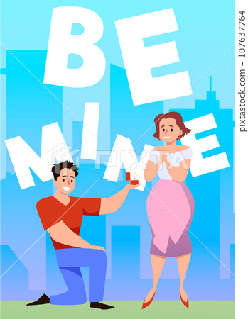 Man proposing to his girlfriend, on one knee with diamond ring, be mine text on poster, flat vector illustration. Man proposing to his girlfriend, on one knee with diamond ring, be mine text on poster, flat vector illustration. 107637764