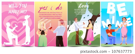 Banners with men propose and women agree to marriage, flat vector illustration. Banners with men propose and women agree to marriage, flat vector illustration. 107637773