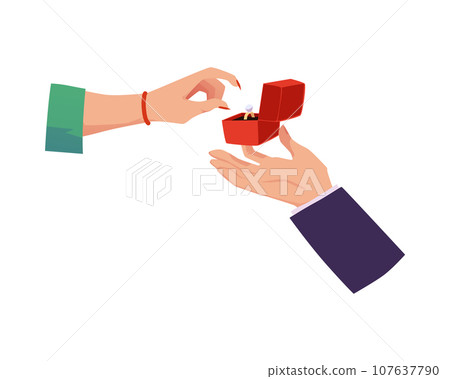 Hand of woman who accepts the wedding ring, flat vector illustration isolated. 107637790