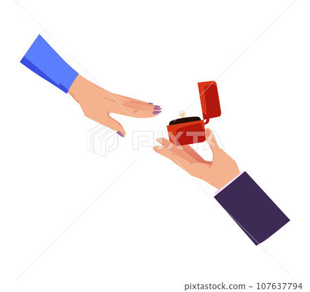 Male hand holds out engagement ring to woman flat vector illustration isolated. 107637794