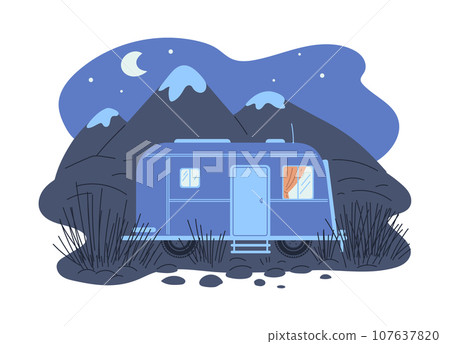 Camper van standing among mountains, night landscape flat style, vector illustration Camper van standing among mountains, night landscape flat style, vector illustration 107637820