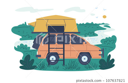 Landscape, car for travel, vector illustration in cartoon flat style. 107637821
