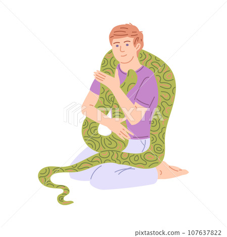 Pet lover keeps a snake reptile animal at home, cartoon flat vector illustration isolated. Pet lover keeps a snake reptile animal at home, cartoon flat vector illustration isolated. 107637822