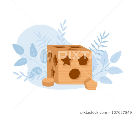 Wooden shape sorter toy cube with holes, vector illustration on white. Wooden shape sorter toy cube with holes, vector illustration on white. 107637849