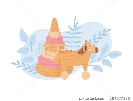 Pyramid and horse wooden toys flat style, vector illustration Pyramid and horse wooden toys flat style, vector illustration 107637850