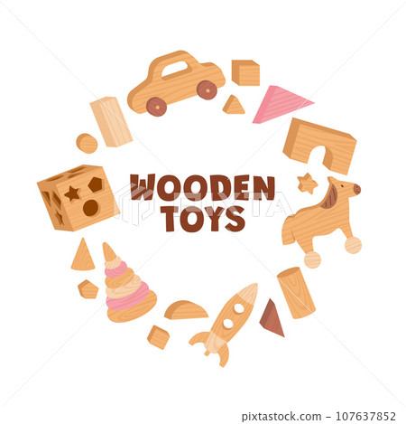 Wooden toys, set of vector illustrations, isolated on white background Wooden toys, set of vector illustrations, isolated on white background 107637852