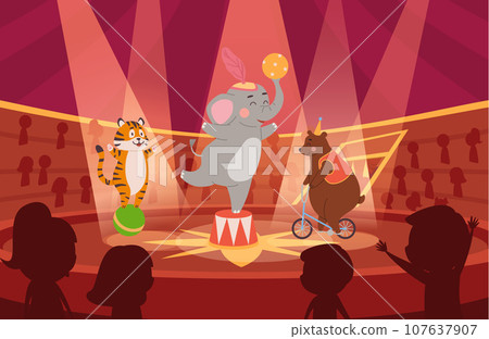 Tiger on ball, bear on bicycle, elephant holding ball, cartoon circus animals performing on stage vector illustration 107637907