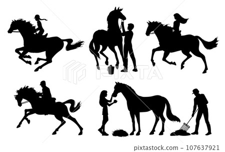 Set of people caring for horses black silhouettes flat style, vector illustration 107637921
