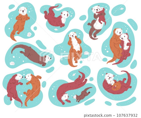 Sea otters cute characters splashing in water flat vector illustration isolated. 107637932