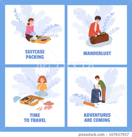 People packing suitcases and getting ready for trip, square posters set, flat vector illustration. 107637937