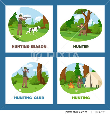 Vector set cartoon posters for hunting season, hunter aiming at shotgun, hunting with dog, resting near bonfire in forest 107637939