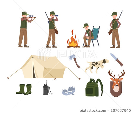 Hunter equipment set, cartoon flat vector illustration isolated on white background. 107637940