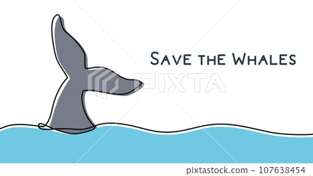 Whale tail colorful line art, world whale day, ecology concept stop ocean pollution and say no to plastic, vector 107638454