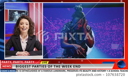 Fun weekend activities reportage on television program, journalist presenting music festivals or parties in the city. Woman presenter doing entertainment newscast, nightlife clubs recommendations. 107638720