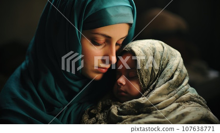 A woman holding a baby wrapped in a blanket, AI A woman holding a baby wrapped in a blanket, AI 107638771