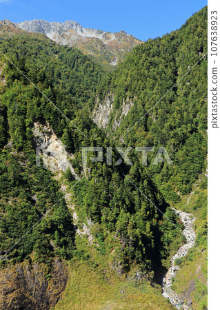 Tateyama mountain range seen from Kurobe Dam Tateyama mountain range seen from Kurobe Dam 107638923