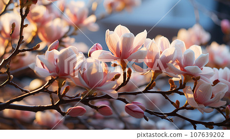Pink Magnolia or Tulip tree in botanical garden. Generative AI 107639202