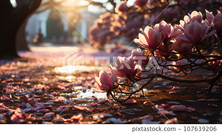 Pink Magnolia or Tulip tree in botanical garden. Generative AI Pink Magnolia or Tulip tree in botanical garden. Generative AI 107639206