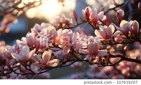 Pink Magnolia or Tulip tree in botanical garden. Generative AI 107639207