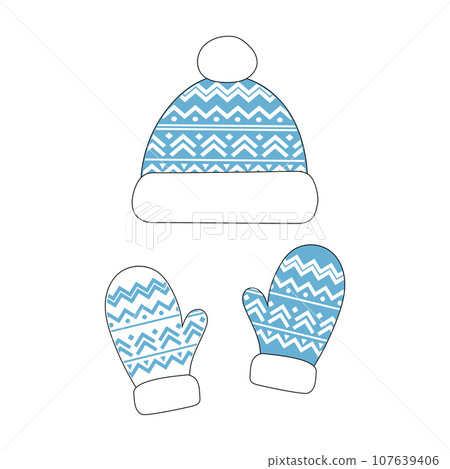 Winter mittens and hat in christmas colors isolated on white background. Winter mittens and hat in christmas colors isolated on white background. 107639406