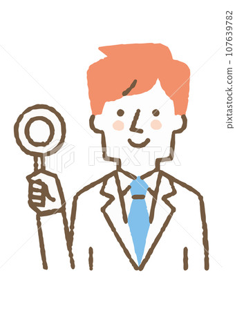 A man wearing a white coat holding a circle tag_color 107639782