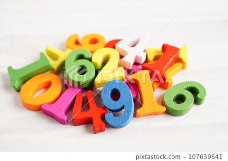 Number wood block cubes for learning Mathematic, education math concept. Number wood block cubes for learning Mathematic, education math concept. 107639841