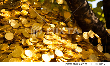 樹根處一堆金幣的特寫背景“AI 生成圖像” 107640479