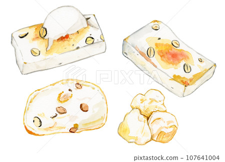 Hand-painted watercolor illustration of delicious baked bean mochi and fried mochi 107641004