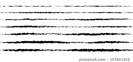 Jagged uneven line set. Black scribble stroke collection. Grunge wavy zig zag border stripe bundle. Wavy rough horizontal design elements pack for poster, banner, booklet, brochure, decoration. Vector 107641916