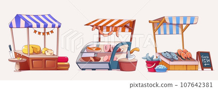 Set of market stalls selling fresh food Set of market stalls selling fresh food 107642381