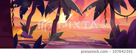 Sunset lake in sandy desert with ancient pyramids 107642391