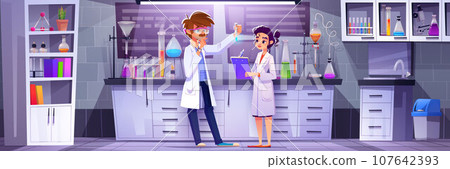 Man and woman scientist in research laboratory 107642393