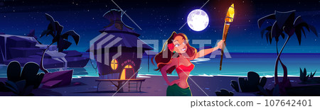 Woman with torch on island beach with house vector 107642401