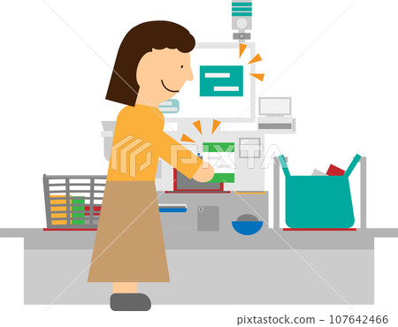 一位女士在自助結帳櫃檯掃描的圖像插圖 107642466