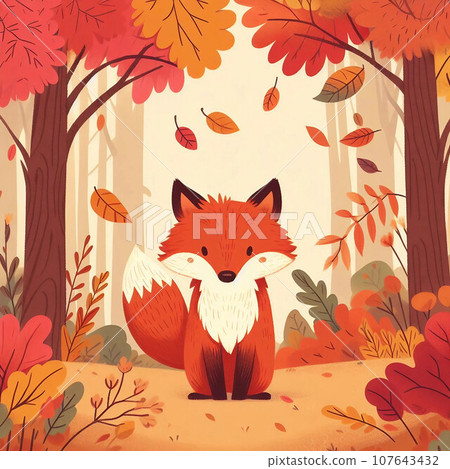 A fox sleeping in the autumn leaves A fox sleeping in the autumn leaves 107643432