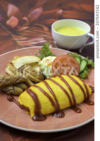 Lunch Omelet rice Potato salad French fries Corn soup Vertical position Lunch Omelet rice Potato salad French fries Corn soup Vertical position 107643582
