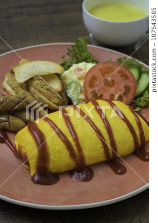 Lunch Omelet rice Potato salad French fries Corn soup Vertical position Lunch Omelet rice Potato salad French fries Corn soup Vertical position 107643585
