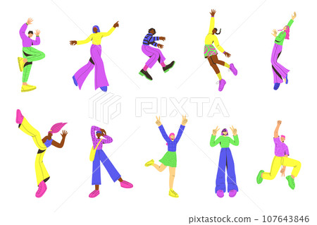 Vector set of ten young people. Trendy colorful flat style. Vector illustration. International day of young people. Student in school or university. 107643846