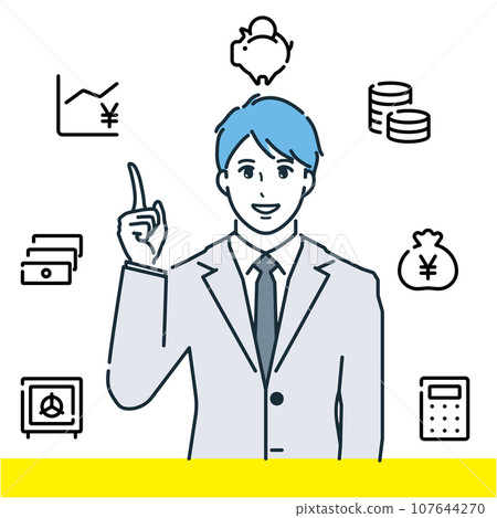 Vector illustration of a man explaining financial products with a smile. Financial icon, index finger. Vector illustration of a man explaining financial products with a smile. Financial icon, index finger. 107644270