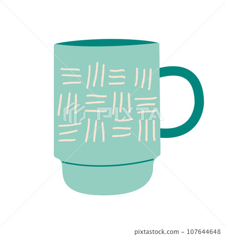 Simple modern cup decorated with lines vector flat illustration. Blue colored mug filling by beverages isolated. Cute trendy crockery with handle for drink. Vector illustration in flat style. Simple modern cup decorated with lines vector flat illustration. Blue colored mug filling by beverages isolated. Cute trendy crockery with handle for drink. Vector illustration in flat style. 107644648