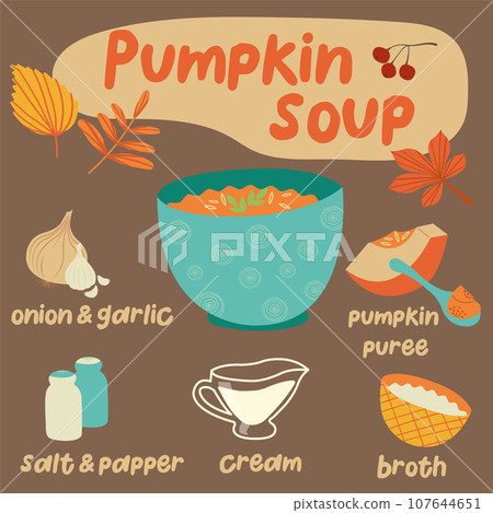 Homemade pumpkin soup hand drawn recipe. Print for design of the menu of restaurants and shops. Set of products for traditional pumpkin soup. Vector illustration in cartoon style. 107644651