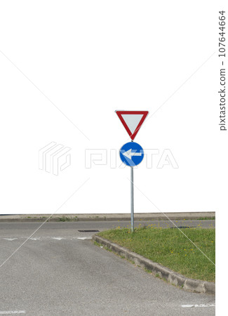 the road sign to give way and mandatory direction the road sign to give way and mandatory direction 107644664