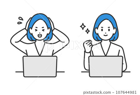 A set of businessperson women who are anxious and do fist pumps while looking at a computer [People vector illustration material] 107644981