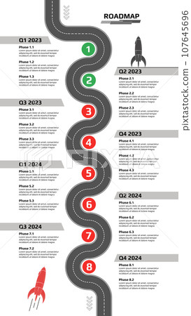 Vertical oadmap with winding road with milestones and rocket on white background. Infographic timeline template for business presentation. Vector. Vertical oadmap with winding road with milestones and rocket on white background. Infographic timeline template for business presentation. Vector. 107645696