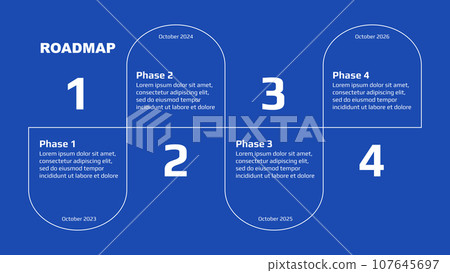 Roadmap with winding stages on blue background. Horizontal infographic timeline template for business presentation. Vector. Roadmap with winding stages on blue background. Horizontal infographic timeline template for business presentation. Vector. 107645697