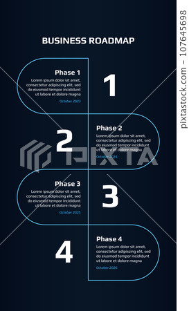 Roadmap with winding stages on dark blue background. Vertical infographic timeline template for business presentation. Vector. Roadmap with winding stages on dark blue background. Vertical infographic timeline template for business presentation. Vector. 107645698